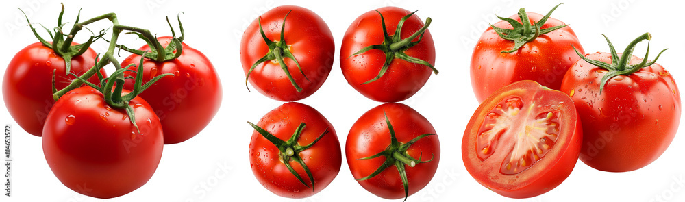 Wall mural red tomato set, closeup front view, top down view, whole vegetables and cut in half, isolated on a w