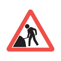 Road Works Sign. Construction in Progress and Under Construction Signature. Red Triangle Warning Sign with Working Man. Vector Illustration