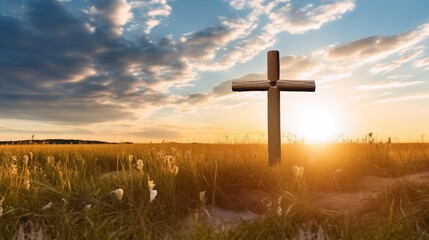 A Serene Sunset Behind a Symbolic Wooden Cross in a Tranquil Field