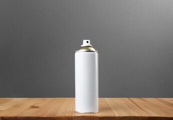 plain white metal spray can aerosol sprayer mockup on wood table with grey wall blank space. 3d render. ai generative