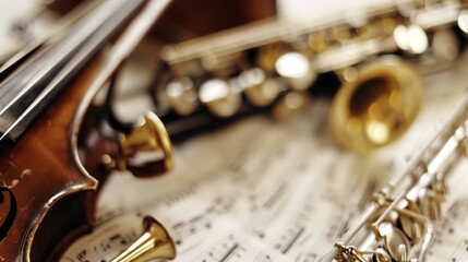 Obraz premium Various musical instruments lie on sheet music of a symphony