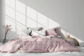 Bed Interior. Cozy Home Bedroom with Unmade Bed and Pink Plaid on White Wall Background
