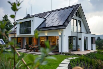 A large house with a lot of windows and a solar panel on the roof