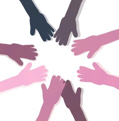 hands in circle, unity diversity of people, support. Group of arms illustration on white background