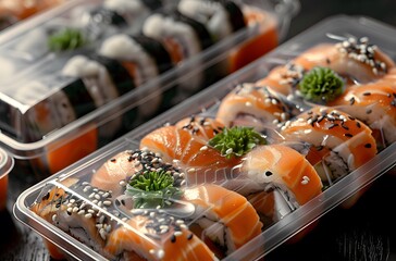 Close-up of sushi rolls in plastic packaging for delivery. Japanese traditional food.