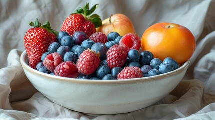 A fresh fruit arrangement in a white bowl on a plain surface.