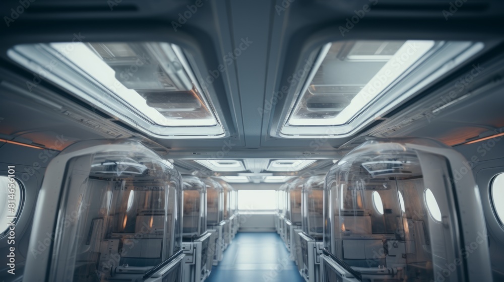 Poster generative ai overhead compartments in an aircraft, demonstrating spacious storage for carry-on lugg