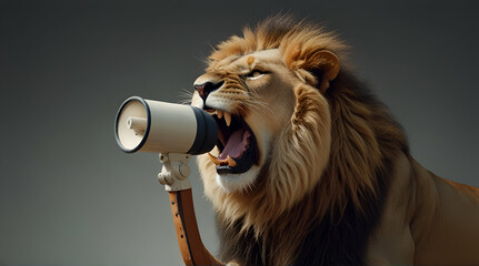 Lion roaring on a megaphone. Advertisement concept with wide copy space for text, Generative.AI
