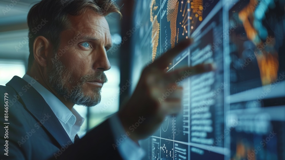 Poster Businessman pointing at risk management concept on screen. Generative AI.