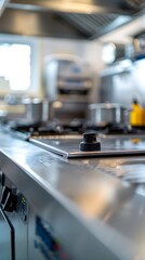 Blurred background of a professional kitchen with a stainless steel counter top and cooking utensils in a restaurant or commercial setting for product display or a mockup design template