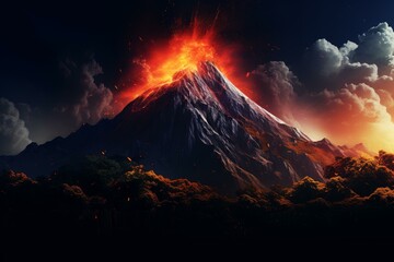 Dramatic view of a volcano erupting with glowing lava and ash under a starry night sky
