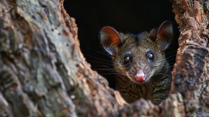 A Common Brushtail Possum with its tongue sticking out from a hole in a tree. The curious animal peers out, showcasing its unique behavior in its natural habitat.