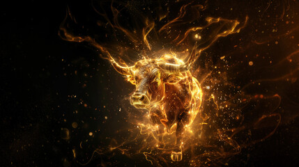 A majestic golden bull engulfed in flames, creating a powerful and vivid visual. - AI Generated Digital Art