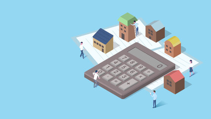 isometric illustration of calculator and house finance and people