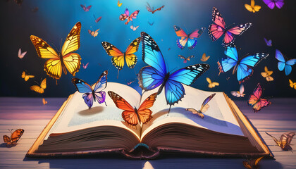 Open book with flying butterflies on it on wooden table against blue background. Education concept.
