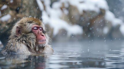 A Japanese Macaque, commonly known as a snow monkey, is swimming in a pool of water. The monkeys fur is wet as it gracefully moves through the water.