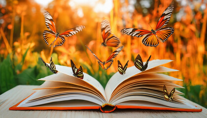 fantasy illustration of a open book with flying butterflies on forest background. Education concept for children.