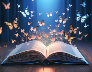 fantasy illustration of a open book with flying butterflies on dark background. Education concept.