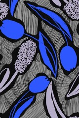 Sketchy seamless pattern with tulips and hyacinths, hatched, for fabric, wallpaper, surface design

