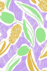 Sketchy seamless pattern with tulips and hyacinths, hatched, for fabric, wallpaper, surface design

