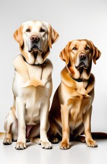 group of Labrador Retriever dogs sitting isolated on white background. advertising of dog food