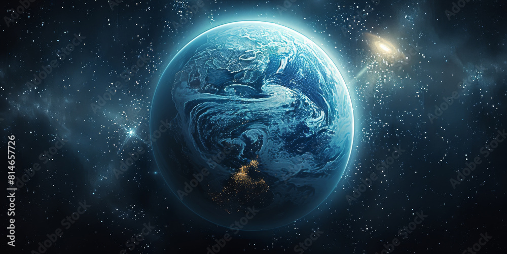 Poster earth like planet with a glowing blue atmosphere. generative ai.