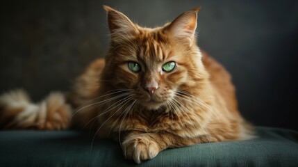 Regal ginger cat perched on a textured blanket, looking directly at the camera