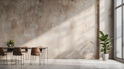 Modern interior in the reception area, large concrete walls with sunlight shining through