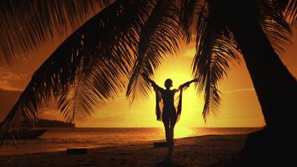 A person standing under a palm tree on a sandy beach, with the ocean in the background on a sunny day.