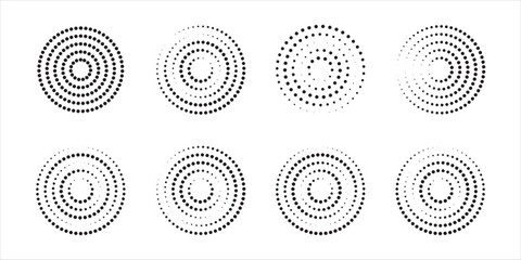 Concentric circles with broken dotted lines isolated on white background. Circular ripple icons. Whirlpool, sonar wave, soundwave, sunburst, signal signs. Vector graphic illustration