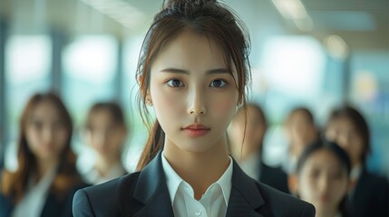 A beautiful Japanese business woman leader in a suit standing in the middle, In the background, female employees in suits are lined up and blurred. Generative AI.