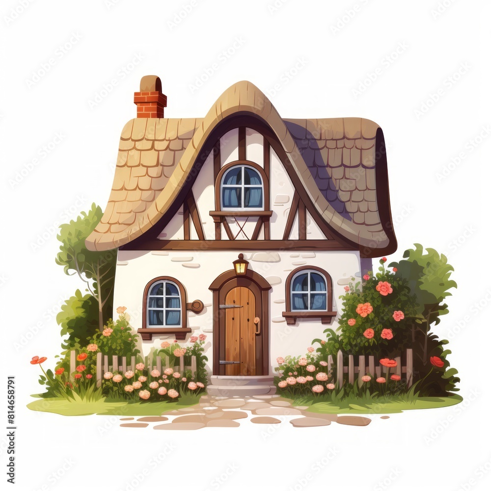 Poster generative ai a charming fairytale cottage with a thatched roof and a white picket fence.