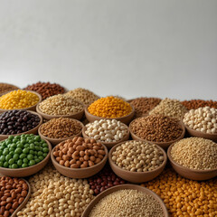 Obraz premium Arranged white bowls with uncooked pulses, grains and seeds on white wood.