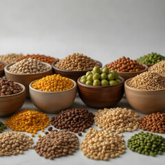 Fototapeta premium Arranged white bowls with uncooked pulses, grains and seeds on white wood.