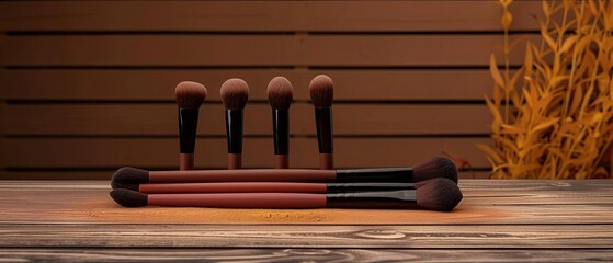 Set of essential makeup brushes artistically placed on a vintage wooden table, creating a warm, inviting atmosphere for beauty enthusiasts