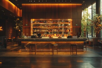 A bar with a lot of liquor on the shelves