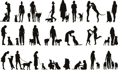 people with dogs, woman playing with dog set silhouette on white background vector