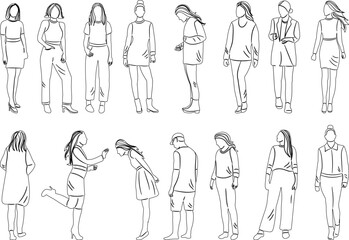 set of girls, women, people sketch on white background vector
