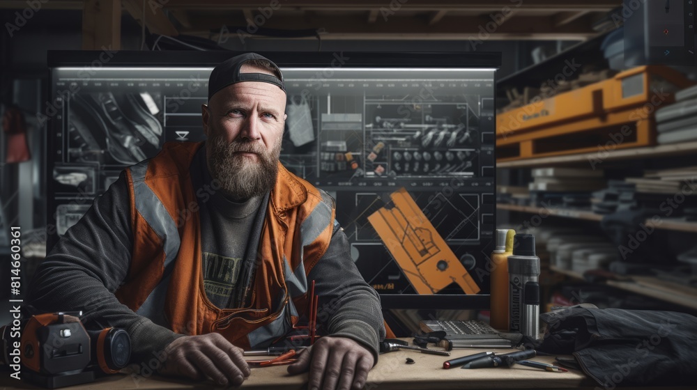 Poster Generative AI Portrait of a builder with a toolbox, organized and ready, construction tools and materials visible in the background