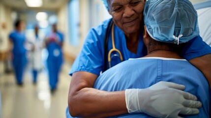 A nurse is shown comforting a patient with a warm embrace in a hospital hallway. The scene depicts care and compassion in a healthcare setting.