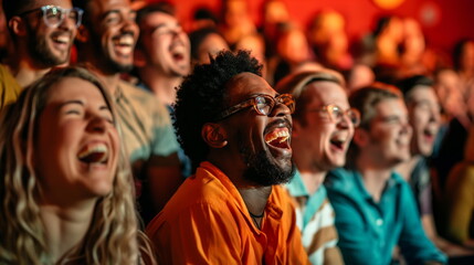 Eclectic crowd of individuals laughing maniacally at a comedy show