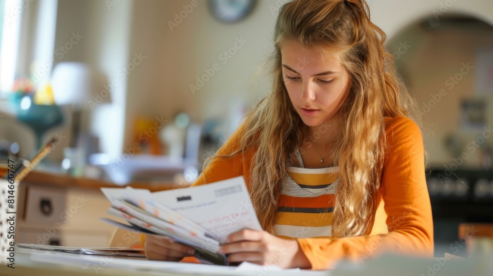 Poster a woman is seated at a table, engrossed in reading a paper. she appears focused and attentive, possi