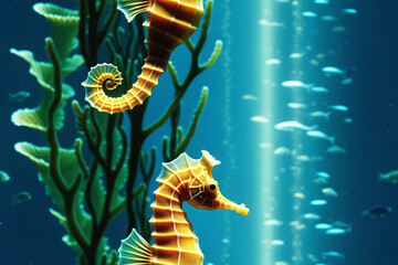 Underwater landscape with Seahorse. Seamless pattern. Digital illustration.
