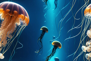 Underwater landscape with jellyfish. Seamless pattern. Digital illustration.
