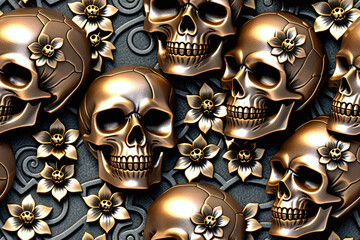 Bronze Skulls and flowers. Seamless pattern. Digital illustration.