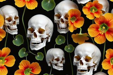 Skulls and flowers. Seamless pattern. Digital illustration.