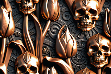 Bronze Skulls and flowers. Seamless pattern. Digital illustration.