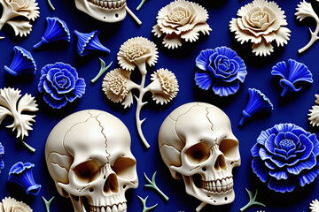 Skulls and flowers. Seamless pattern. Digital illustration.