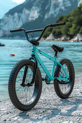 Fototapeta premium A blue bicycle motocross parked by the lake. Generative ai.