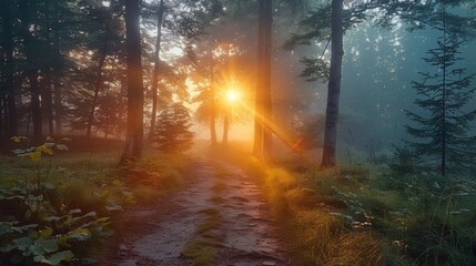 Fototapeta premium Woodland pathway at dawn close up, focus on the morning mist, copy space, ensure bright colors, Double exposure silhouette with a rising sun